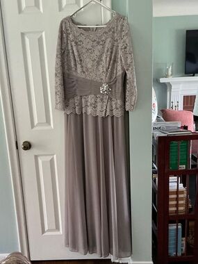 Gray Lace Long Sleeve Evening Gown with Jeweled Waist